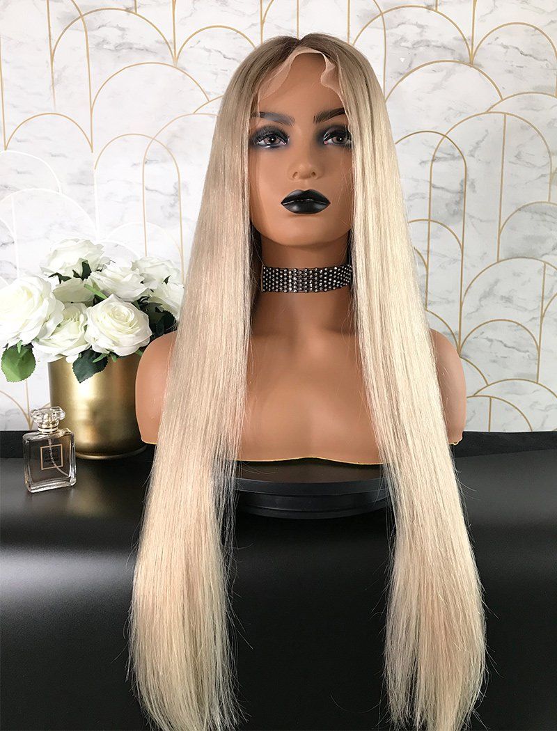 Sarah Remy Hair Lace Front Wig 24 Inches Black Roots & Silvery Blonde