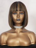 #Highlight Bob Human Hair Wigs With Bangs Scalp Top Machine Made Wig