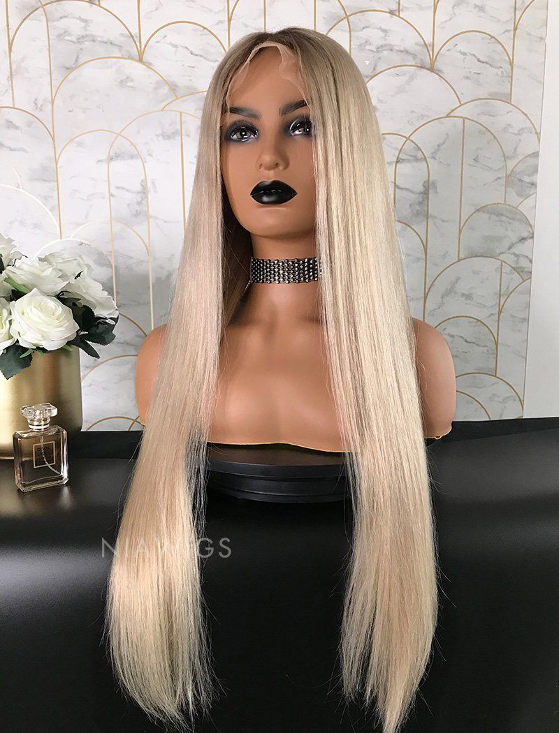 Sarah Remy Hair Lace Front Wig 24 Inches Black Roots & Silvery Blonde