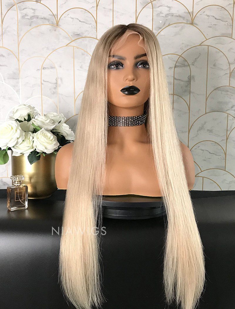 Sarah Remy Hair Lace Front Wig 24 Inches Black Roots & Silvery Blonde