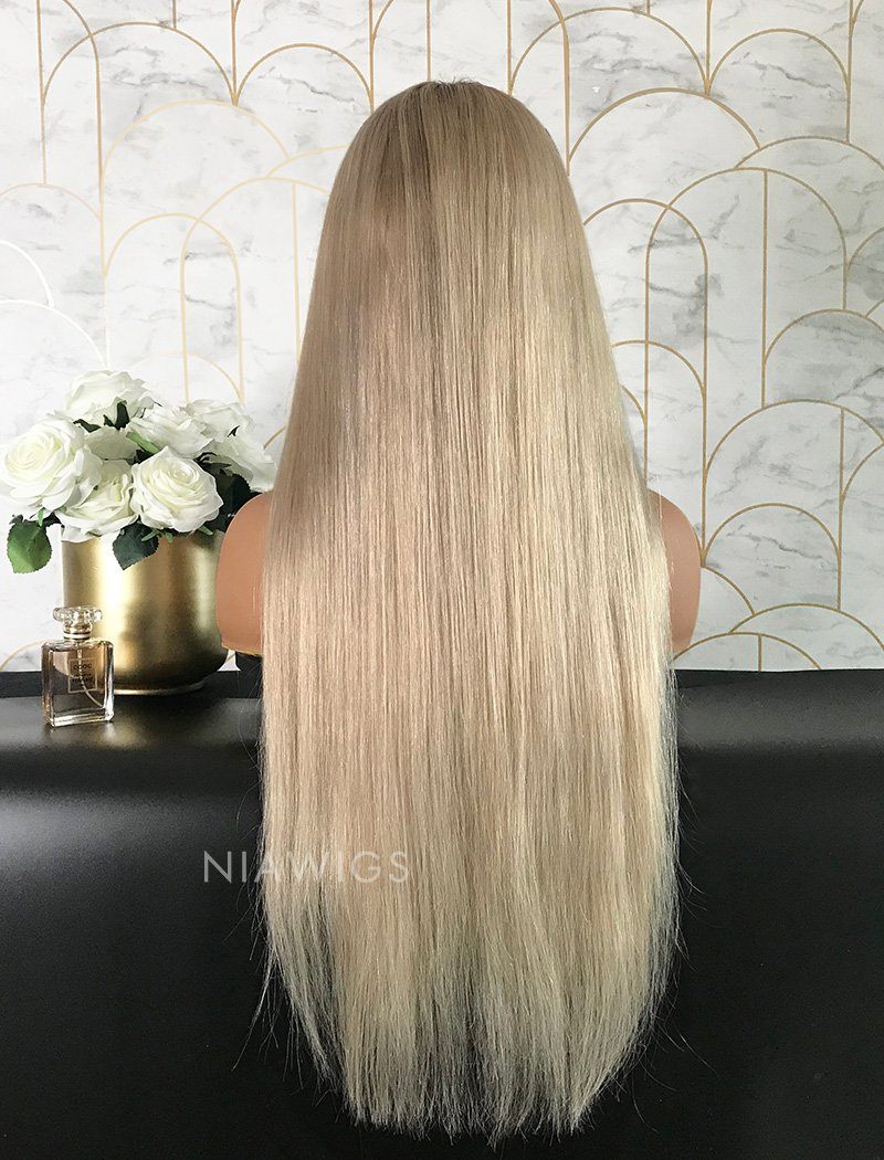 Sarah Remy Hair Lace Front Wig 24 Inches Black Roots & Silvery Blonde