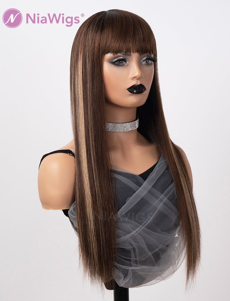 Scalp Top Highlight Wig Piano Color With Bangs Human Hair Wigs Machine Made