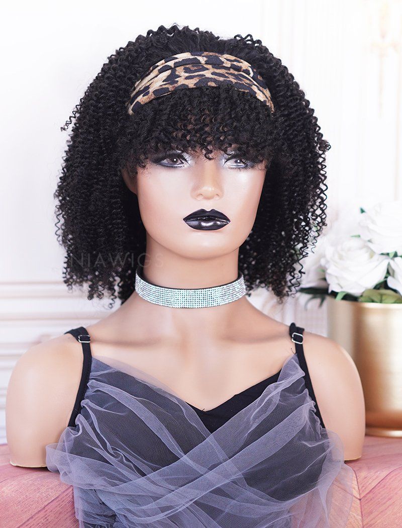 Clearance Headband Wig Kinky Curly Human Hair With Bangs Wigs (WITH FREE TRENDY HEADBAND)