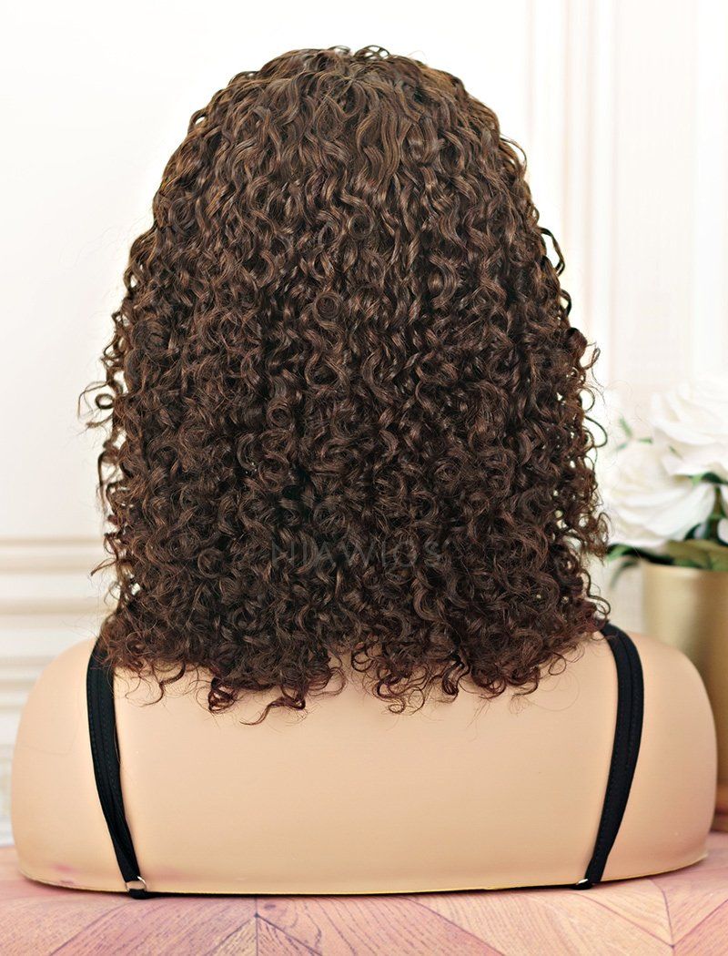 #4 Medium Brown Headband Wig Curly Human Hair Wigs (WITH FREE TRENDY HEADBAND)