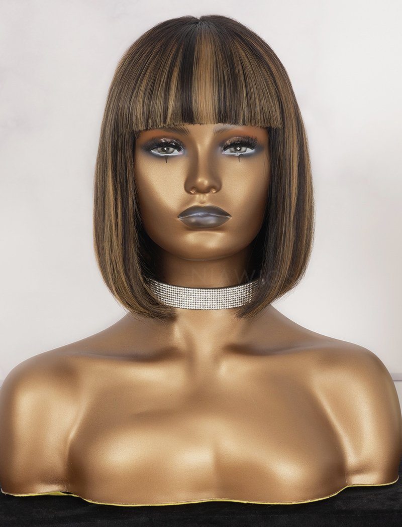 Highlight Bob Human Hair Wigs With Bangs Scalp Top Machine Made