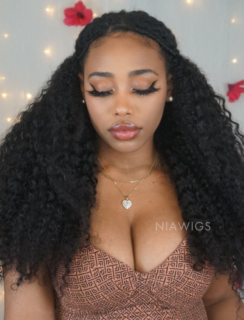 Kinky Curly Uparting Human Hair Wigs With Middle Part Opening