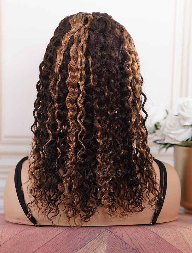 Monica#Highlight Headband Wig Curly Human Hair Wigs (WITH ONE FREE TRENDY HEADBAND)