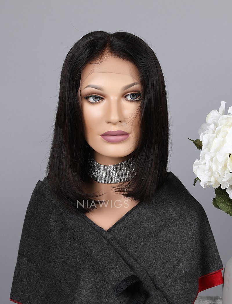 Blunt Cut Short Bob Human Hair 5x5 Inches Lace Front Wigs Silky Straight