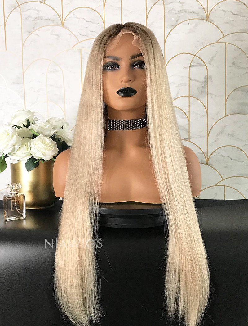 Sarah Remy Hair Lace Front Wig 24 Inches Black Roots & Silvery Blonde