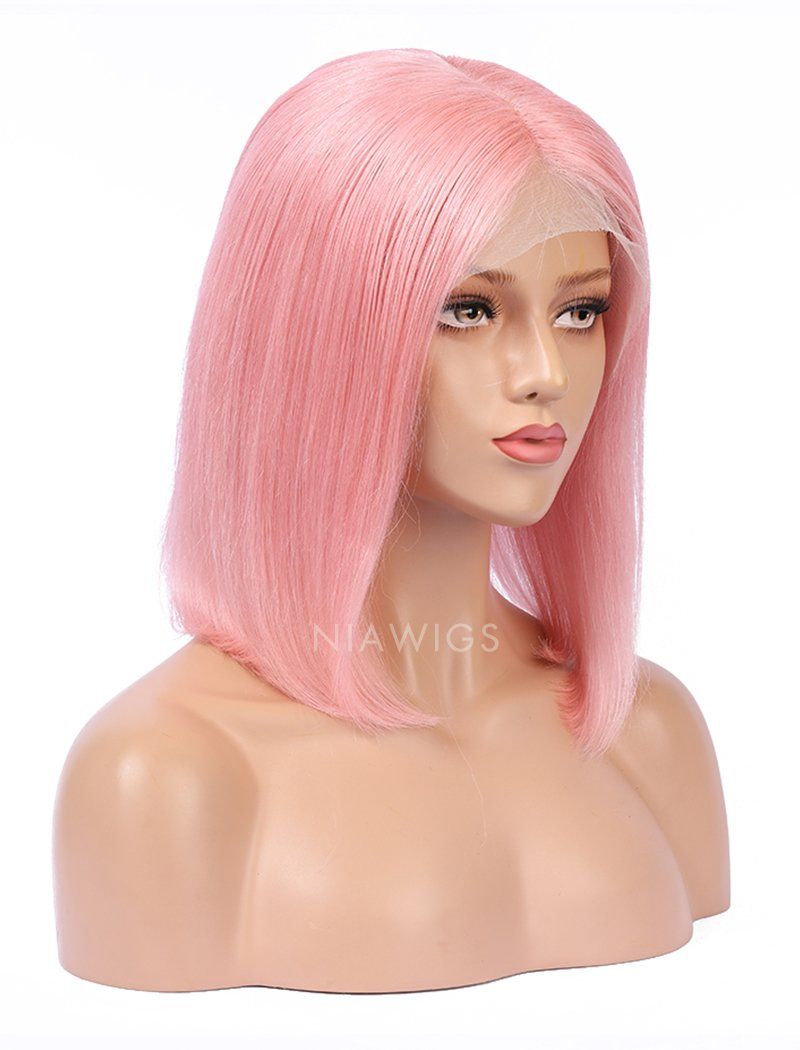 Pink Human Hair Bob Wig Colorful Lace Wigs