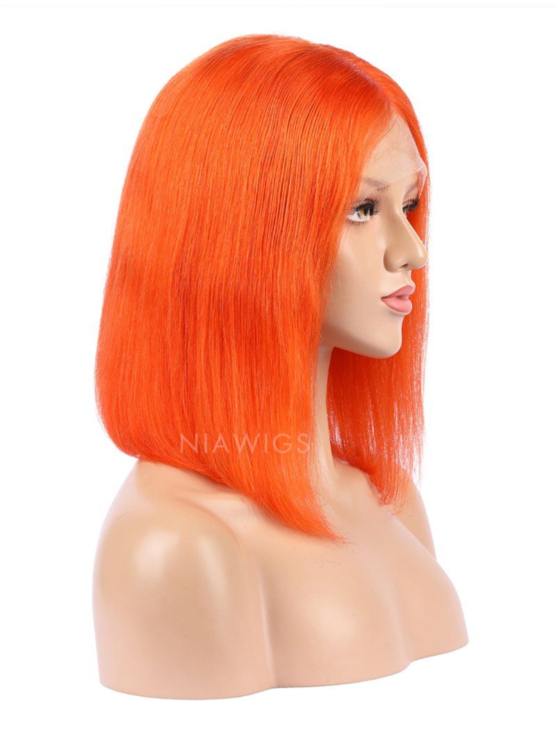 Orange Red Human Hair Bob Wig Colorful Lace Wigs
