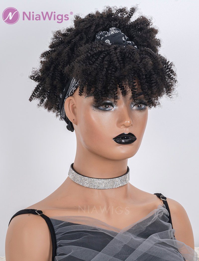 Pineapple Headband Wig Afro Kinky Curly Human Hair With Bangs Wigs (WITH FREE TRENDY HEADBAND)