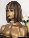 #Highlight Bob Human Hair Wigs With Bangs Scalp Top Machine Made Wig