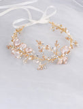 Fragile Crystal and Pearl Metal Crown Wedding Hair Wreath Hair Band with Ribbon