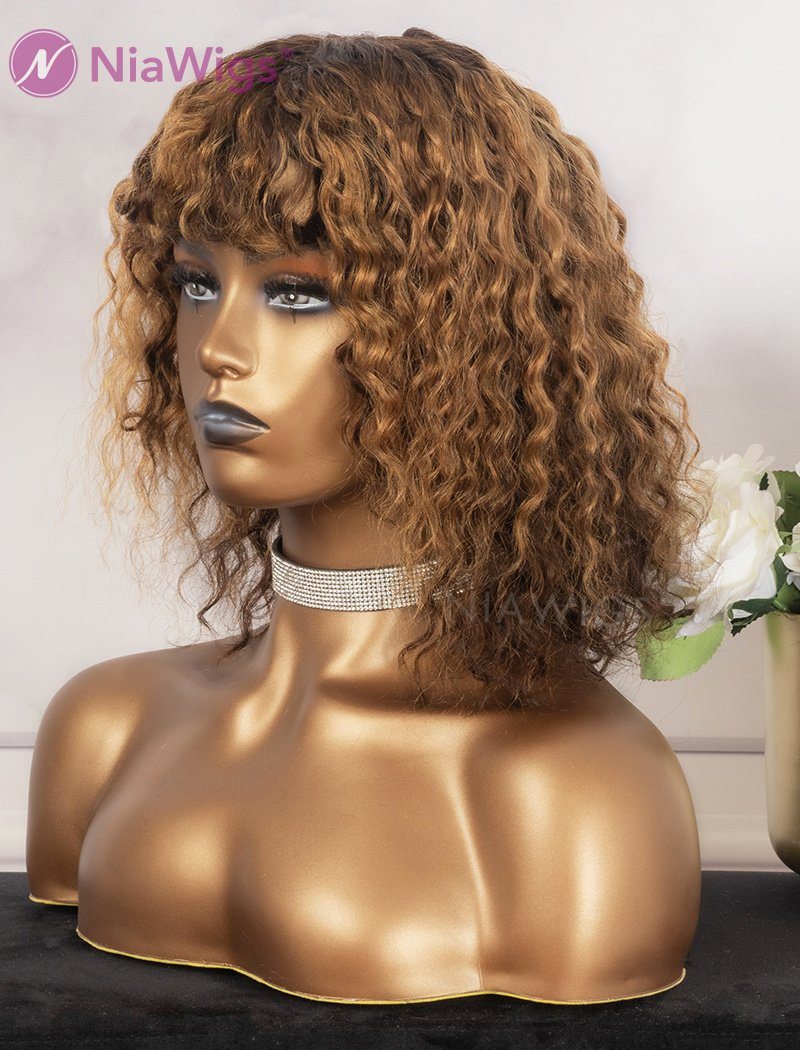 #Balayage Scalp Top Wig Curly Human Hair Wigs With Bangs Machine Made