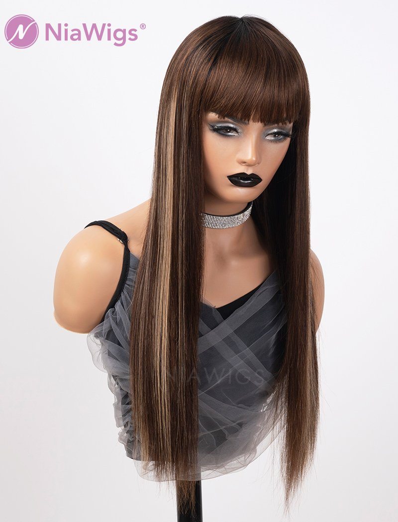 Scalp Top Highlight Wig Piano Color With Bangs Human Hair Wigs