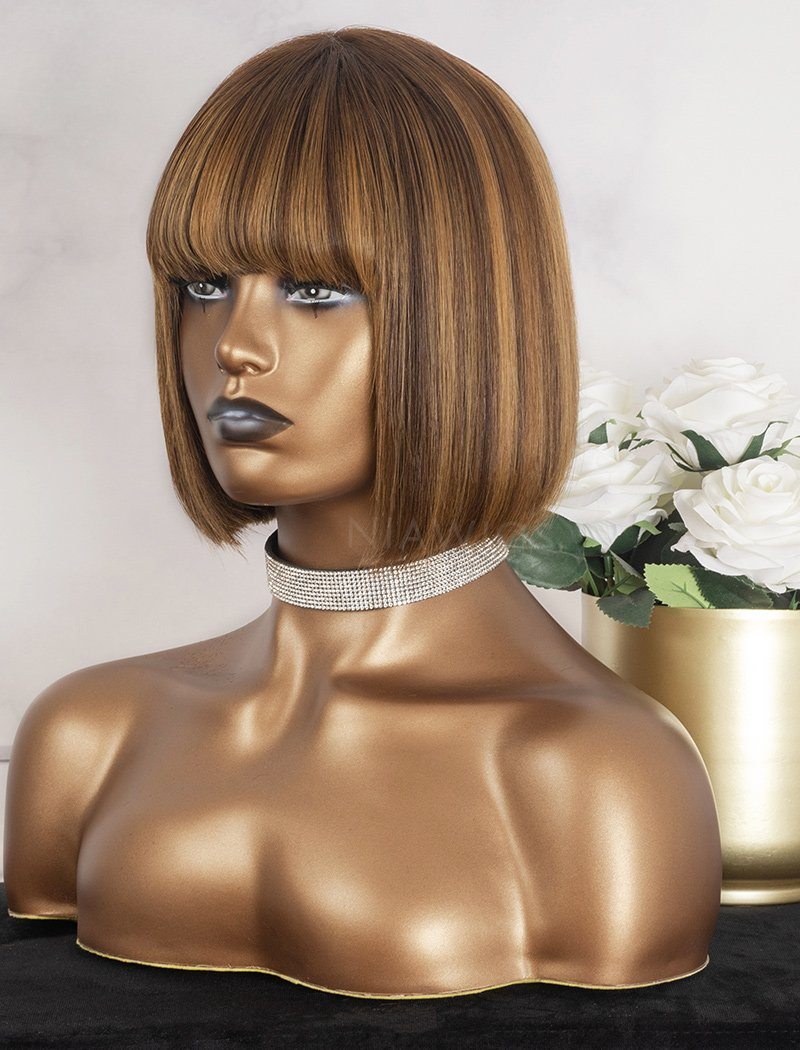 #27 Highlight Bob Straight Wig With Bangs Human Hair Scalp Top None Lace Wigs