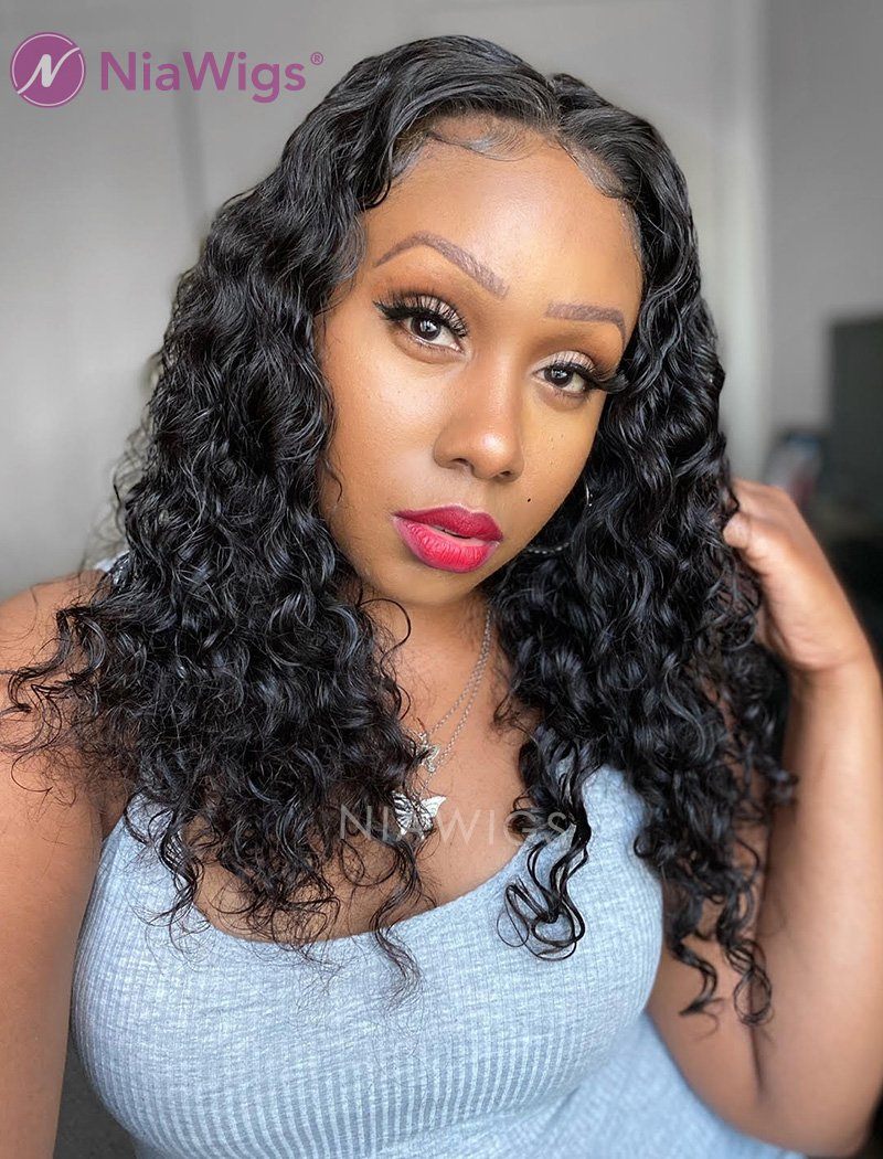 Deep Wave Human Hair 5x5 Inches Lace Front Wigs With Natural Hairline