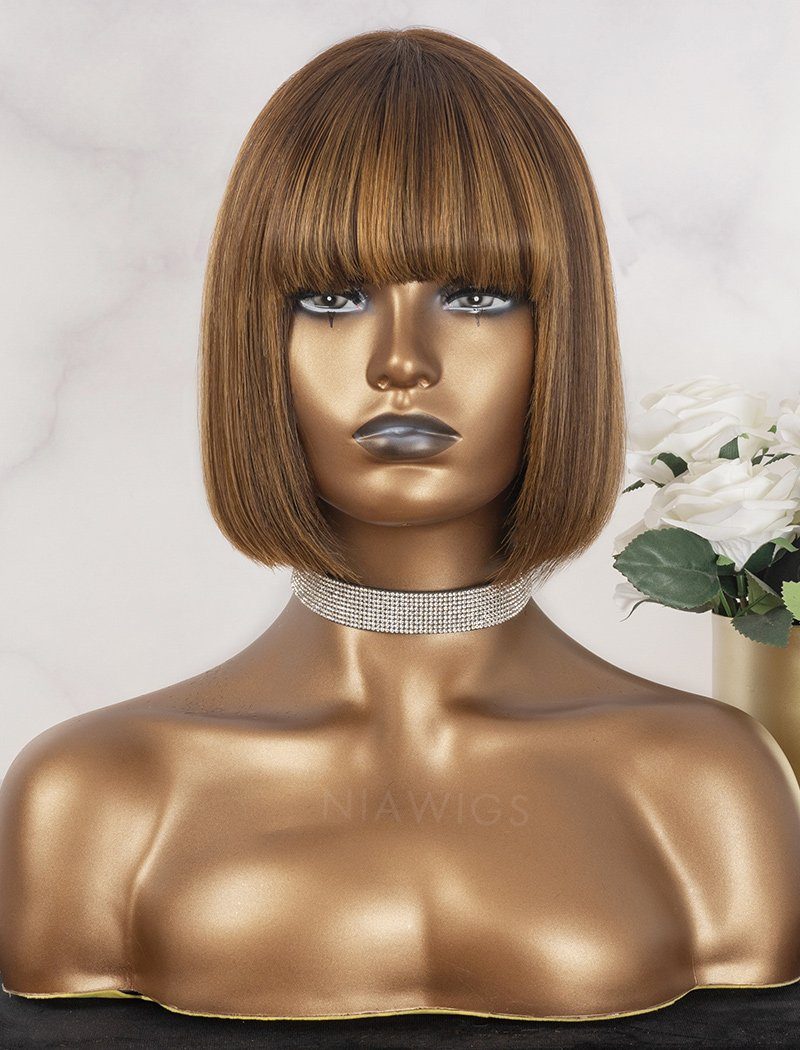 #27 Highlight Bob Straight Wig With Bangs Human Hair Scalp Top None Lace Wigs
