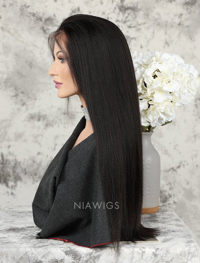 Yaki Straight Human Hair Lace Front Wigs With Natural Hairline