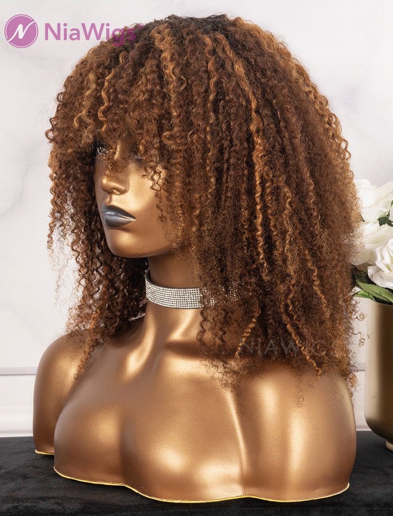 #Highlight Afro Kinky Curly Human Hair 5x5 Inches Lace Front Wigs With Bangs