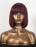 #Burgundy Color Scalp Top Wig Bob Straight With Bangs Human Hair Wigs Machine Made