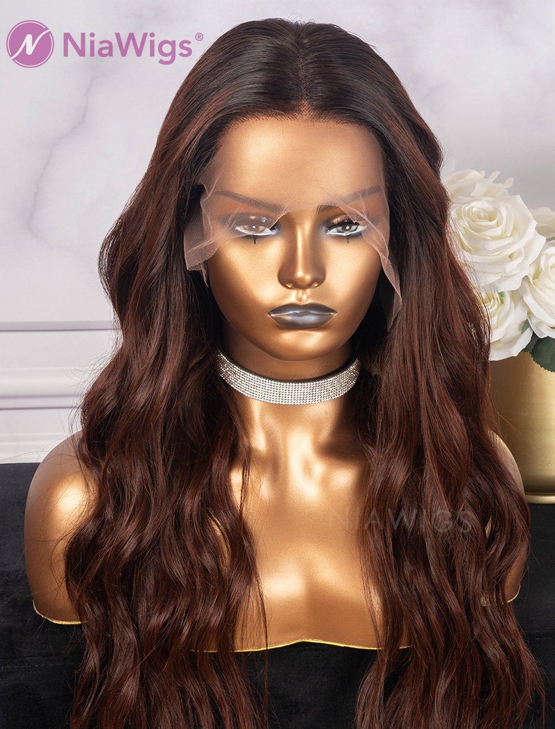 Sonia#Highlight Natural Wavy Human Hair Lace Wigs With Middle Parting