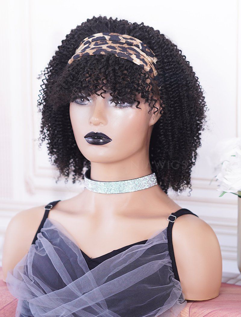 Headband Wig Kinky Curly Human Hair With Bangs Wigs (WITH FREE TRENDY HEADBAND)