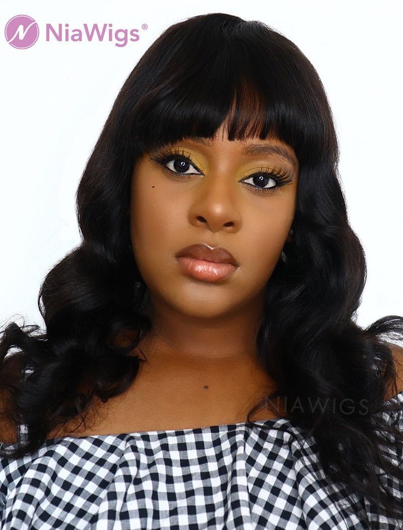 Scalp Top Wig Natural Wavy With Bangs Human Hair Wigs Machine Made