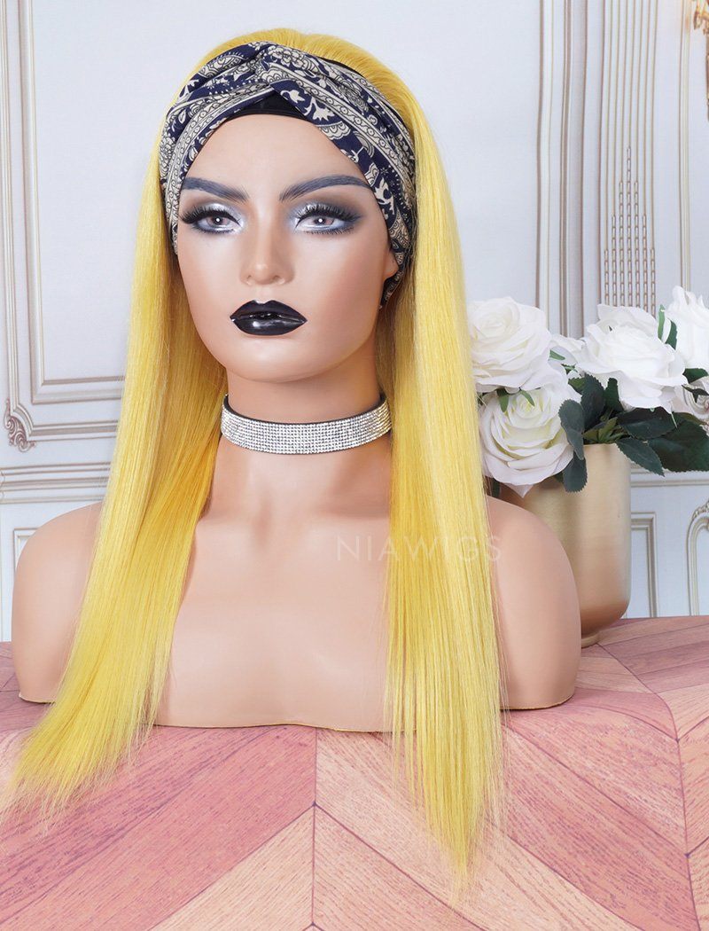 Lemon Yellow Headband Wig Human Hair Wigs (WITH ONE FREE TRENDY HEADBAND)