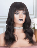 Natural Wavy With Bangs Human Hair Skin Base Lace Front Wigs