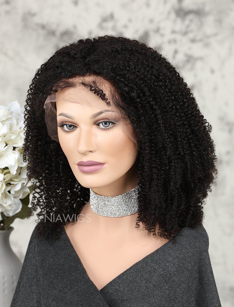 Kinky Curly Human Hair Lace Front Wigs Free Parting For African