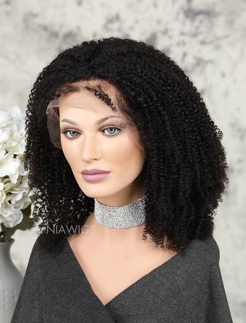 Kinky Curly Human Hair Lace Front Wigs Free Parting For African American