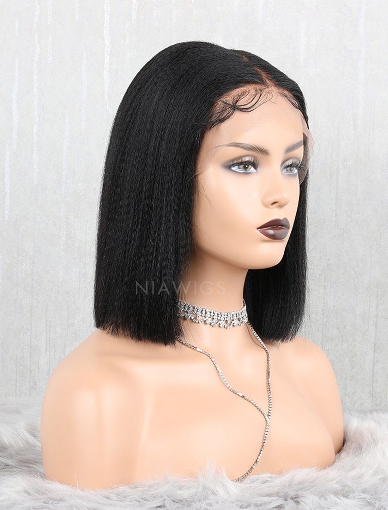 Yaki Straight Bob Human Hair Lace Front Wigs Middle Parting