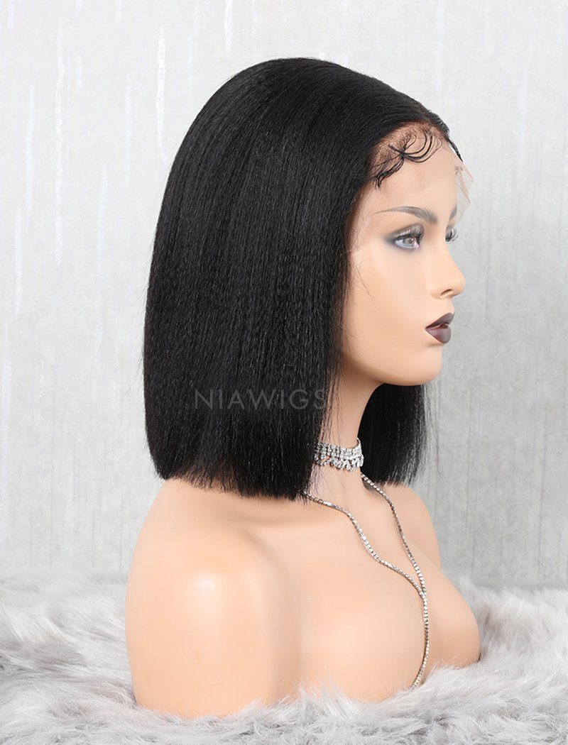 Yaki Straight Bob Human Hair Lace Front Wigs Middle Parting