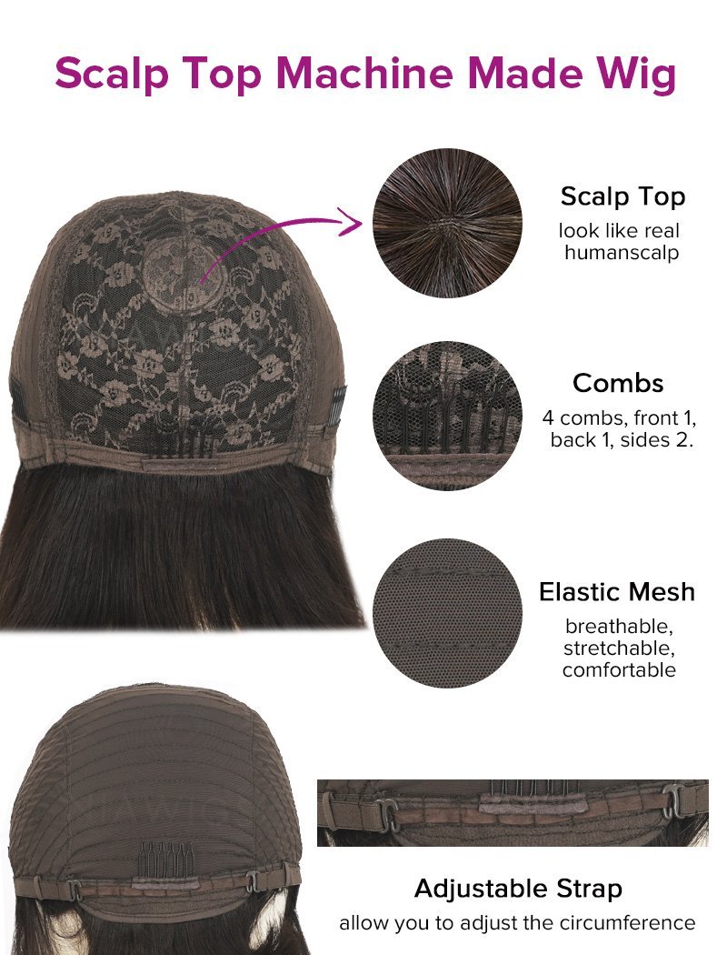 Scalp Top Wig Natural Wavy With Bangs Human Hair Wigs Machine Made