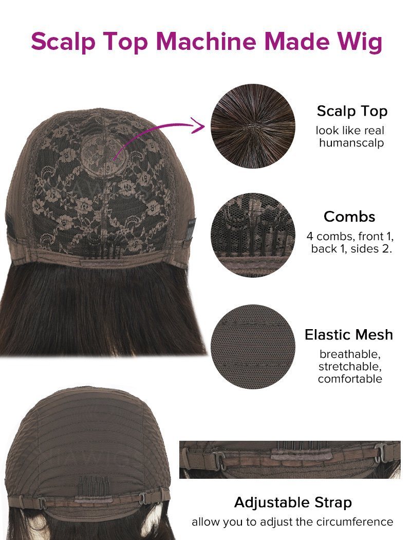 Bob Cut 100% Human Hair Wig With Bangs 150% Density Scalp Top None Lace Wigs