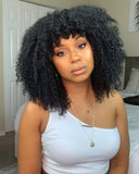 Afro Kinky Curly Brazilian Human Hair 150% Density Closure Lace Wig With Bangs