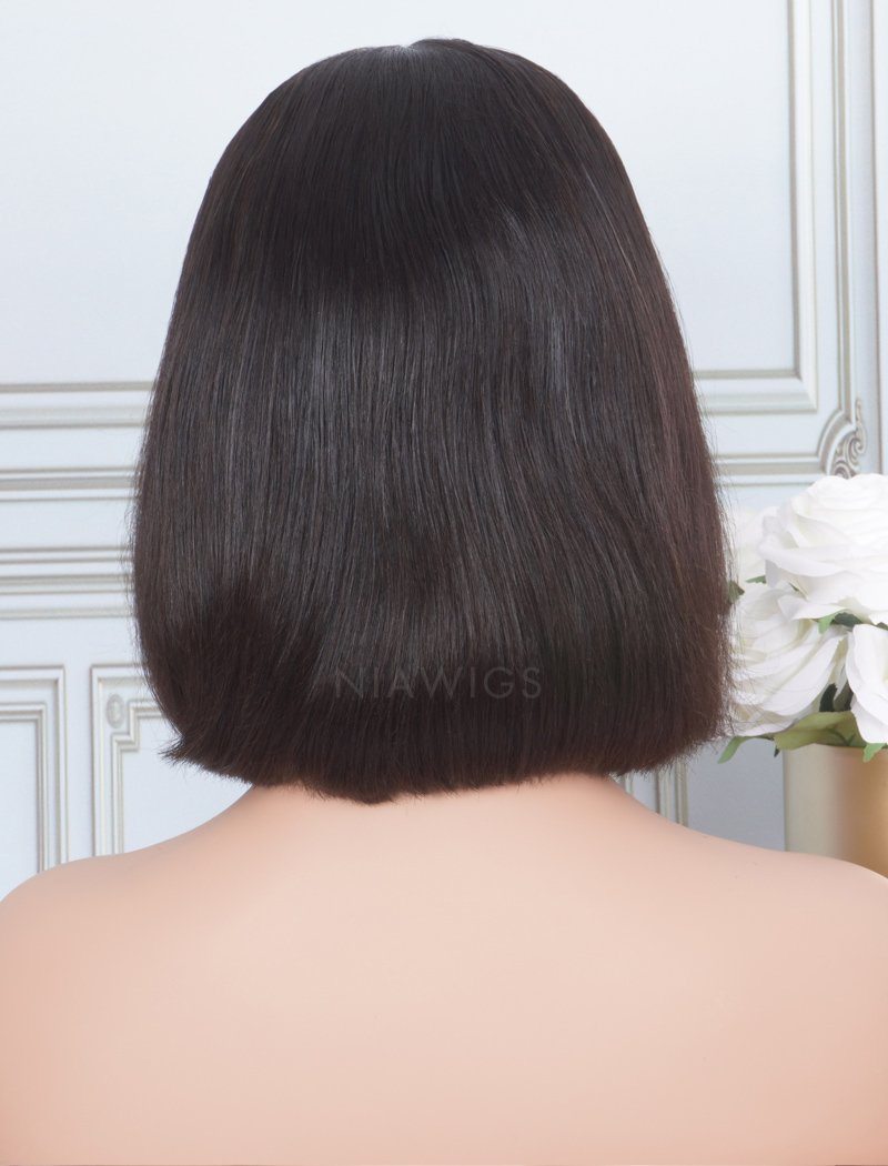 Silky Straight Bob Cut Human Hair Skin Base Lace Front Wigs With Bangs