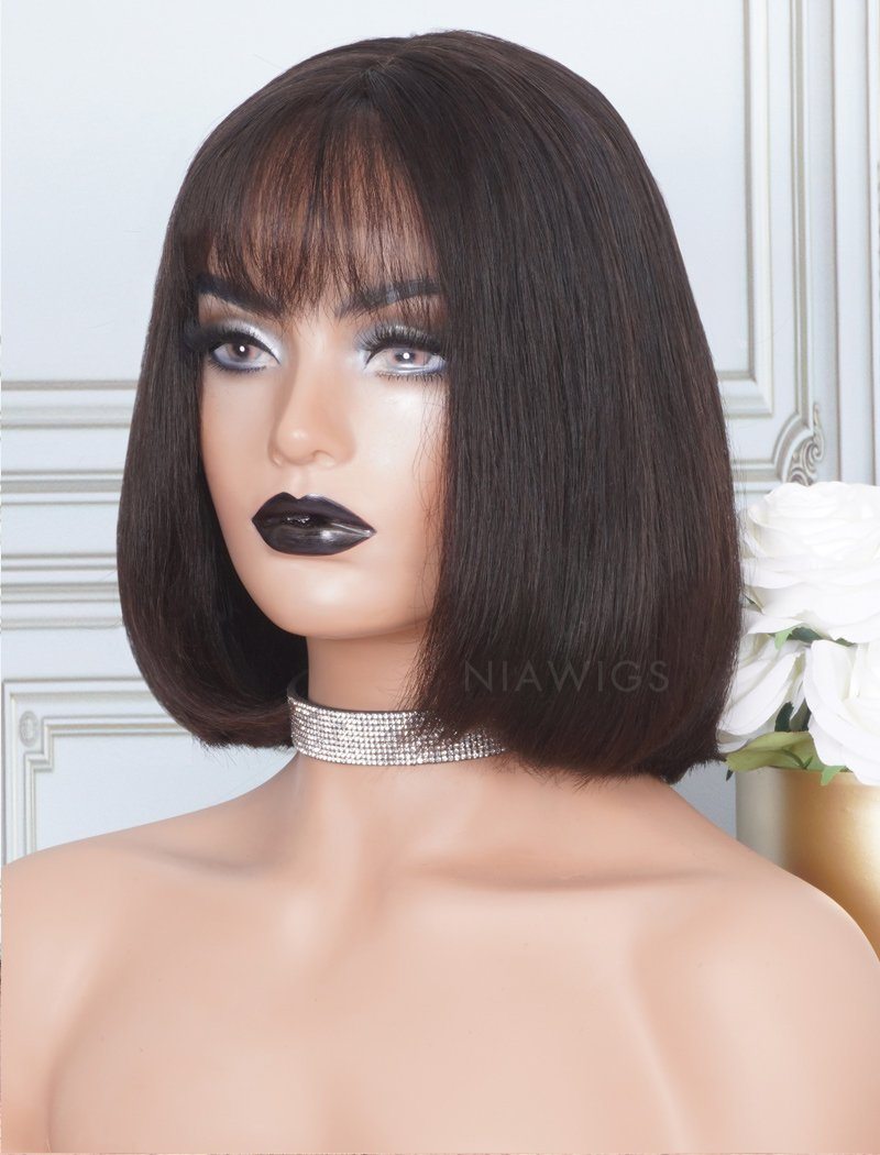 Silky Straight Bob Cut Human Hair Skin Base Lace Front Wigs With Bangs