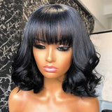 100% Human Hair Natural Wavy Scalp Top Wig with Bangs Natural Black Hair Color